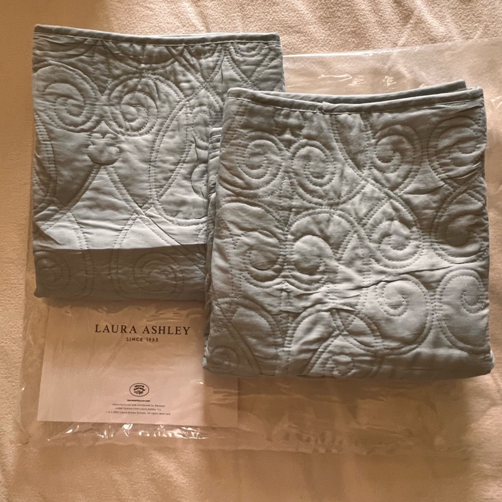 Laura Ashley “Felicity” Quilted King Pillow Shams Light Blue 100% Cotton